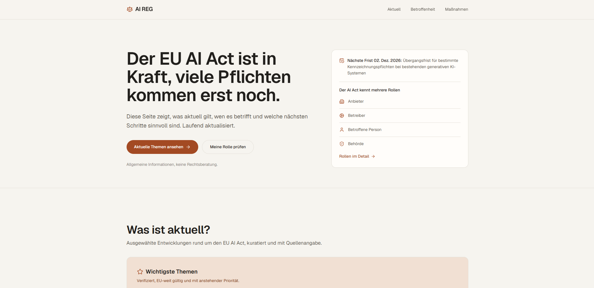 Startseite von AI REG mit aktuellen Entwicklungen zum EU AI Act und Rollenübersicht